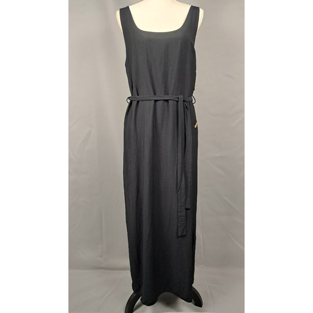 WHITE BIRCH XL Maxi Dress Black Sleeveless Button‎ Accent Tie Belt Classic